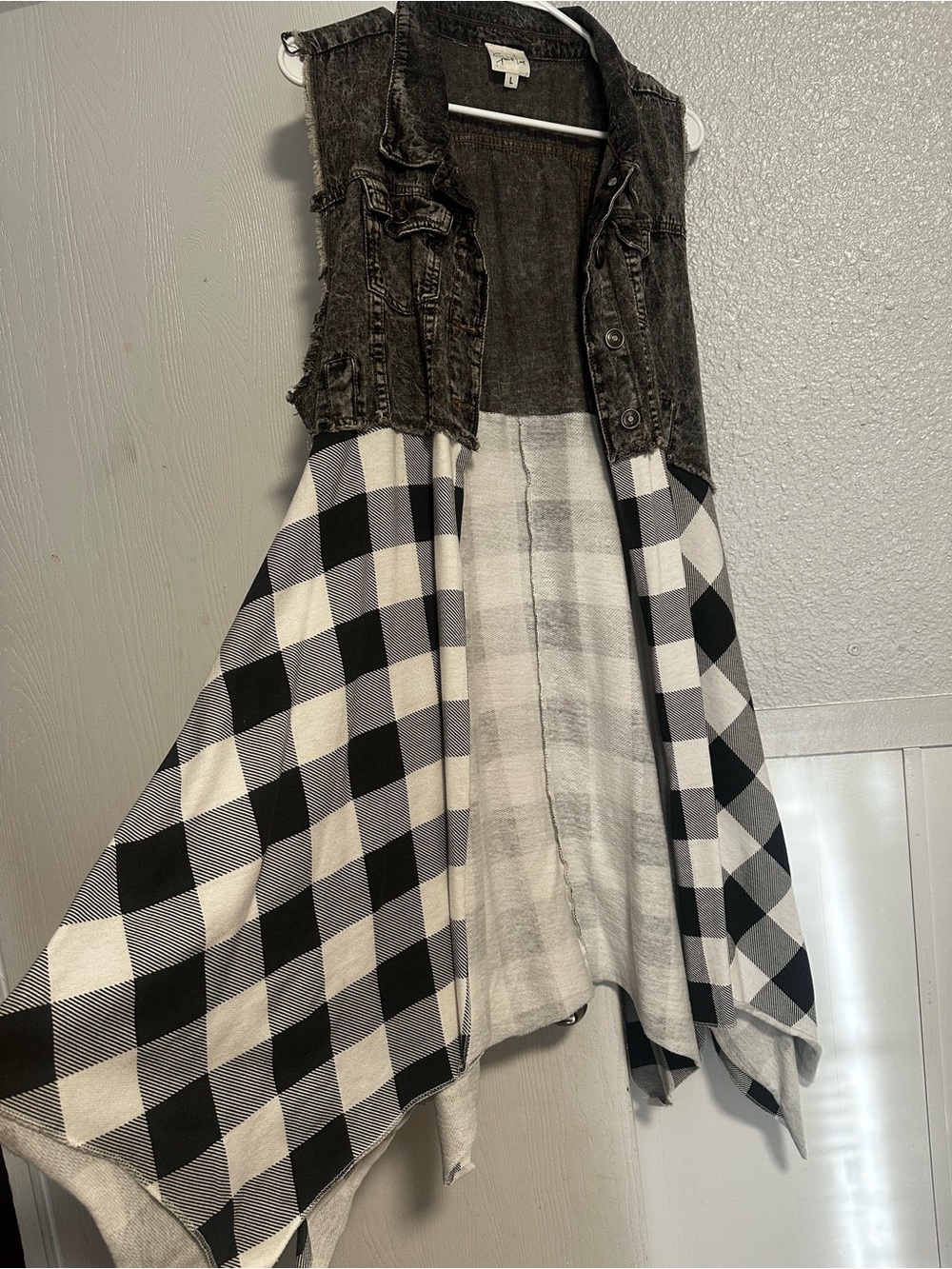 See In Love- Black Denim Vest with Black & White Buffalo Plaid Hem